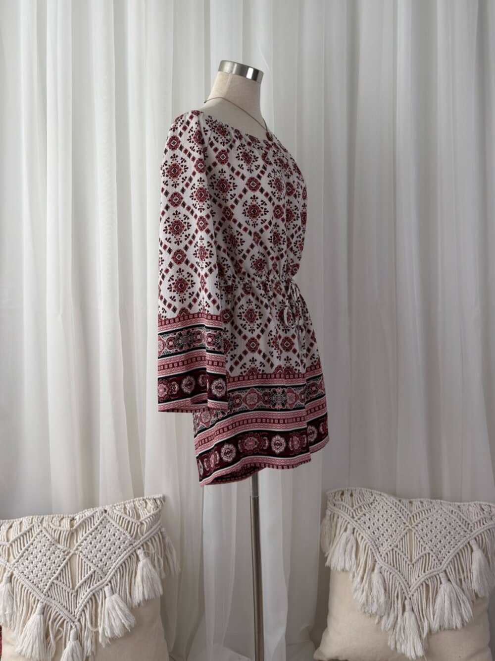 Red Geometric Medallion Bell Sleeve Off Shoulder Boho Romper Womens S Festival - Picture 3 of 7